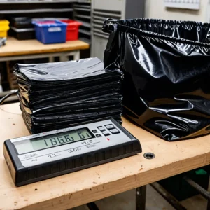 Sacos de lixo de diferentes espessuras com micrômetro medindo a micronagem do filme plástico