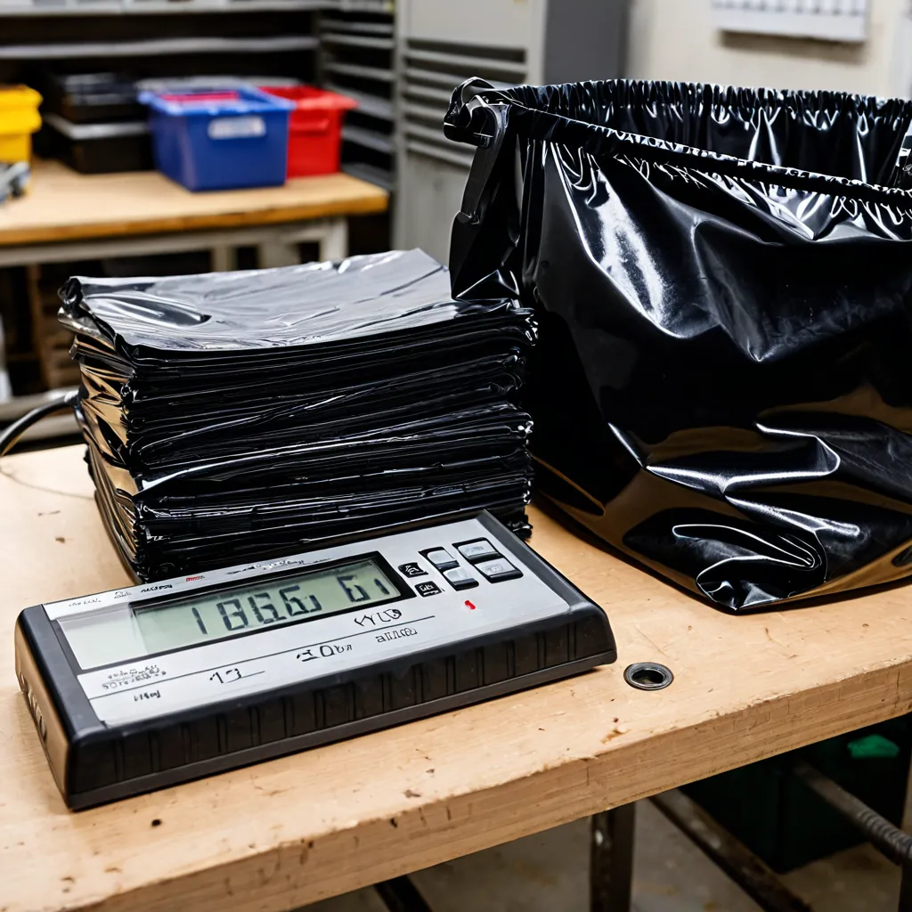 Sacos de lixo de diferentes espessuras com micrômetro medindo a micronagem do filme plástico