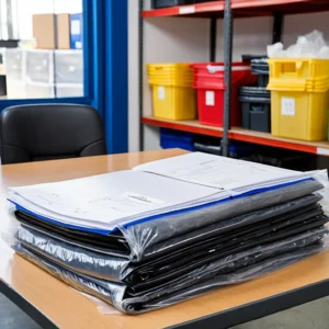 Documento de regulação sobre embalagens plásticas ao lado de sacos plásticos em ambiente de armazém