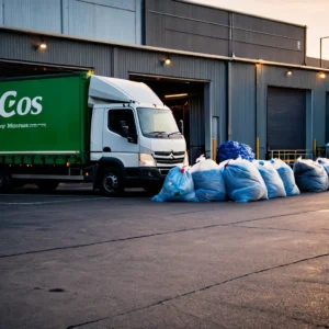 Fila de caminhões esperando para carregar embalagens plásticas durante pico sazonal de fim de ano