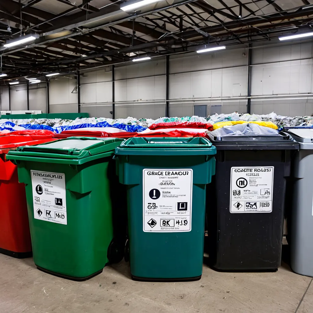 Bins de coleta seletiva industrial com sacos plásticos coloridos organizados por tipo de resíduo