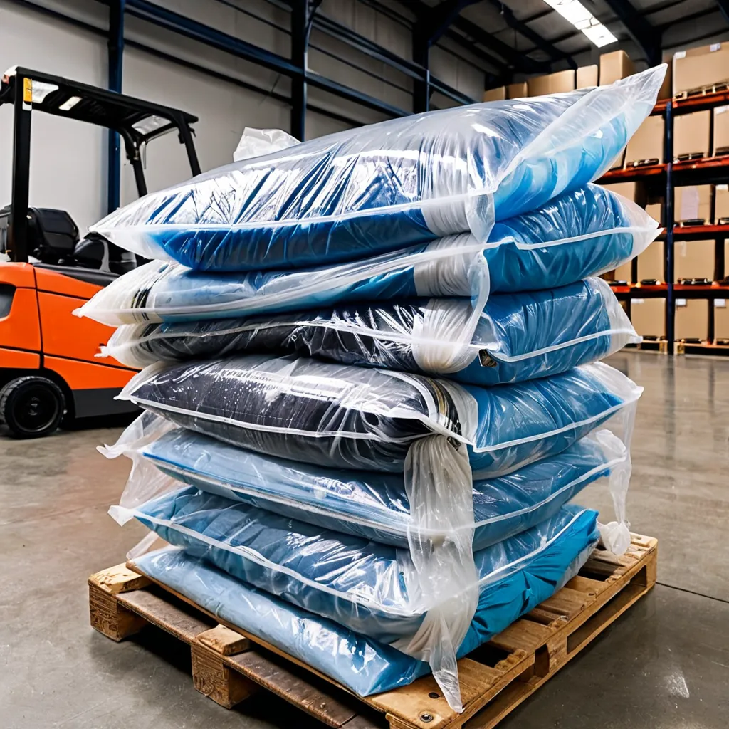 Sacos plásticos transparentes para gelo empilhados em pallet com condensação visível