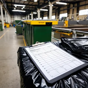 Checklist de inspeção de qualidade sobre pilha de sacos plásticos em chão de fábrica