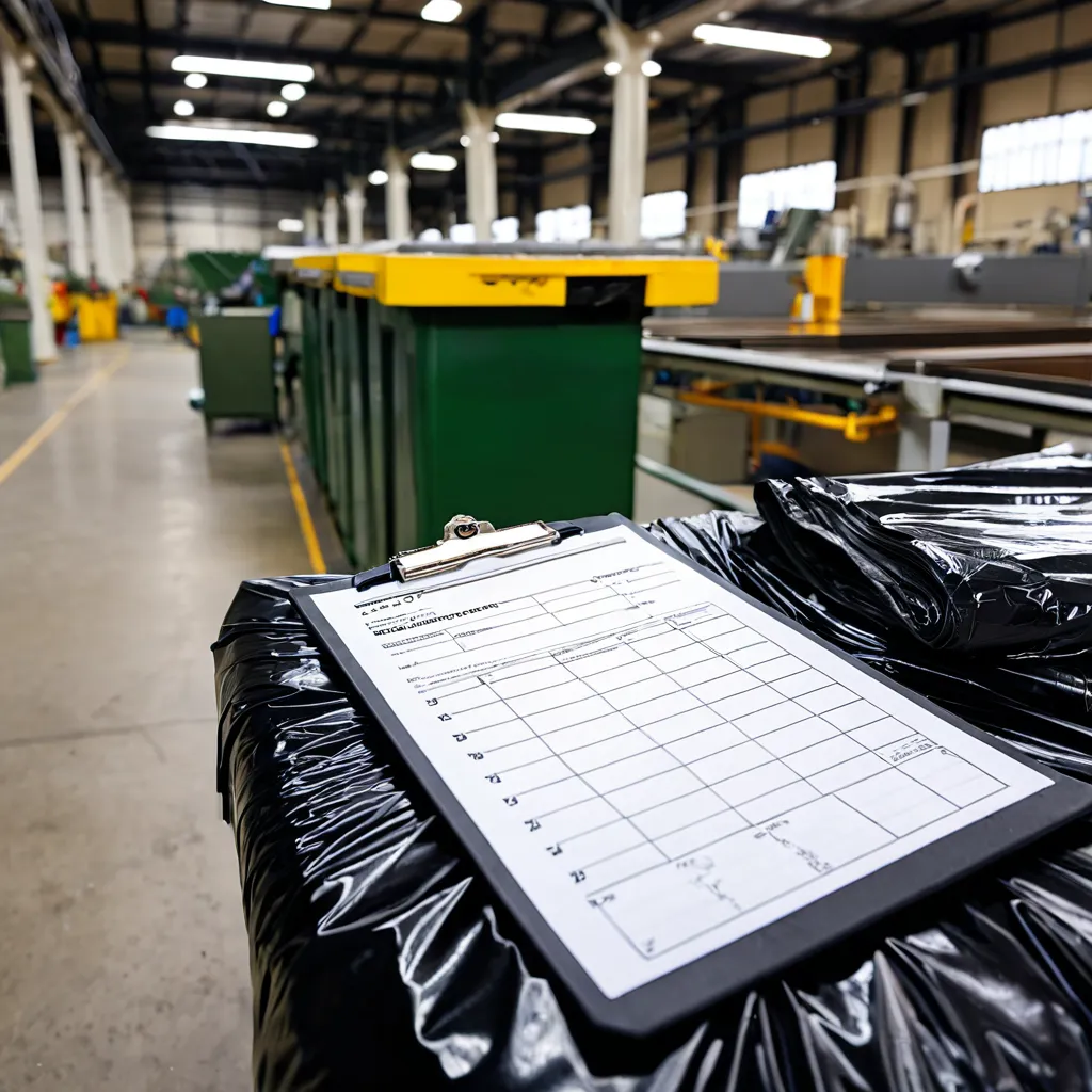 Checklist de inspeção de qualidade sobre pilha de sacos plásticos em chão de fábrica