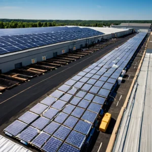 Fábrica de plásticos com painéis solares no telhado e pallets de sacos plásticos no pátio
