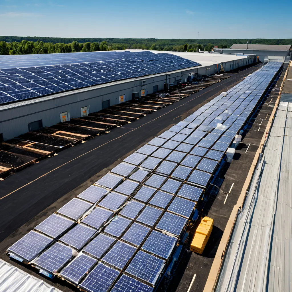 Fábrica de plásticos com painéis solares no telhado e pallets de sacos plásticos no pátio