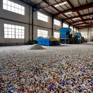 Comparação entre flocos de plástico reciclado pós-industrial e pós-consumo em fábrica de reciclagem