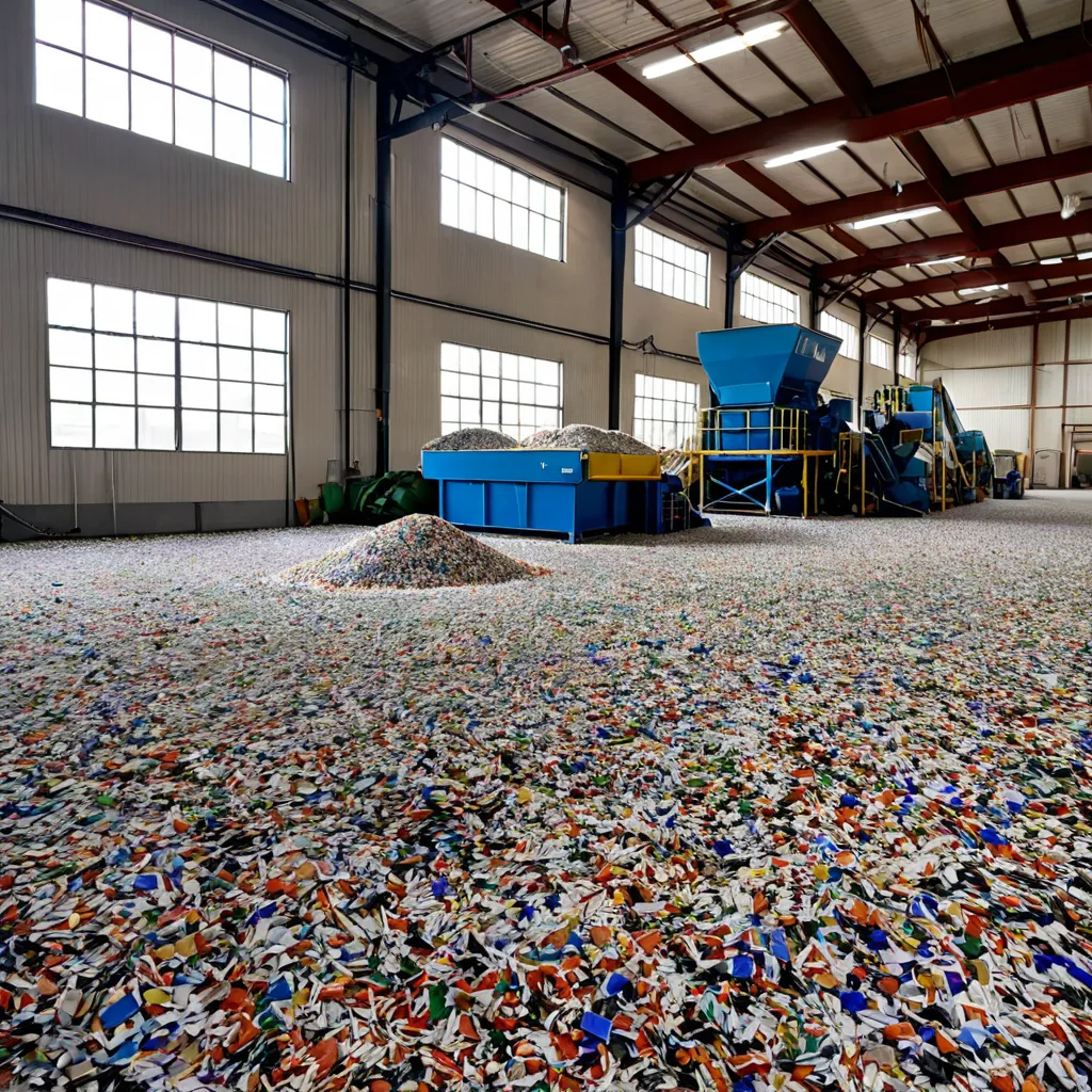 Comparação entre flocos de plástico reciclado pós-industrial e pós-consumo em fábrica de reciclagem