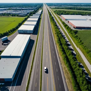 Vista aérea de rodovia conectando distrito industrial a área urbana, ilustrando a distância entre fábrica e destino