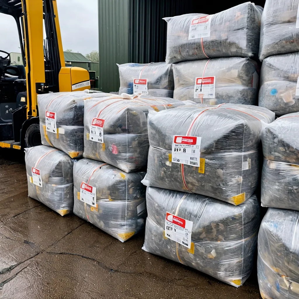 Pátio externo de coleta com fardos de plástico reciclado empilhados para atingir metas de reciclagem