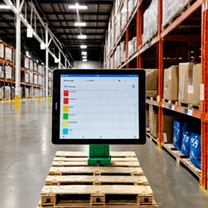 Tablet com checklist de sustentabilidade ao lado de pallet de embalagens plásticas recicladas em galpão, contexto de estratégia ESG