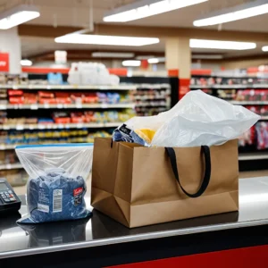 Sacolas plásticas em balcão de checkout de loja de varejo, contexto urbano ao fundo
