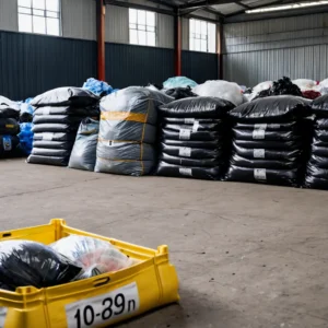 Sacos plásticos para resíduos industriais organizados por classe em pátio de descarte