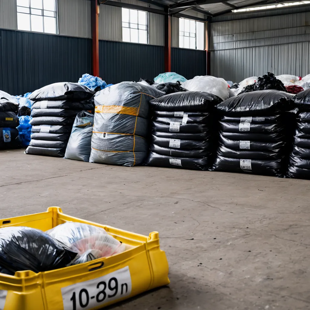 Sacos plásticos para resíduos industriais organizados por classe em pátio de descarte