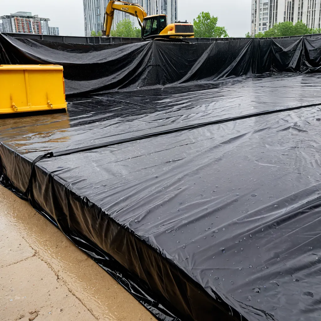 Lona plástica protegendo materiais de construção civil sob chuva leve