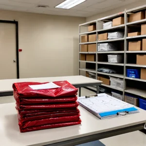 Sacos de lixo hospitalar vermelhos empilhados ao lado de sacos comuns pretos em prateleira de estoque