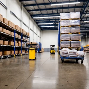 Pallets de sacolas plásticas para cesta básica embalados em filme stretch em centro de distribuição