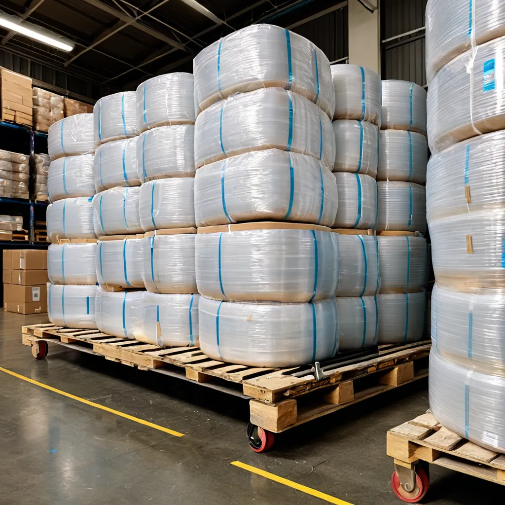 Bobinas de filme PEBD empilhadas em pallet de armazém industrial com fita métrica sobre o rolo