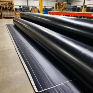 Rolos de lona plástica preta parcialmente desenrolados em armazém industrial com instrumento de medição de espessura