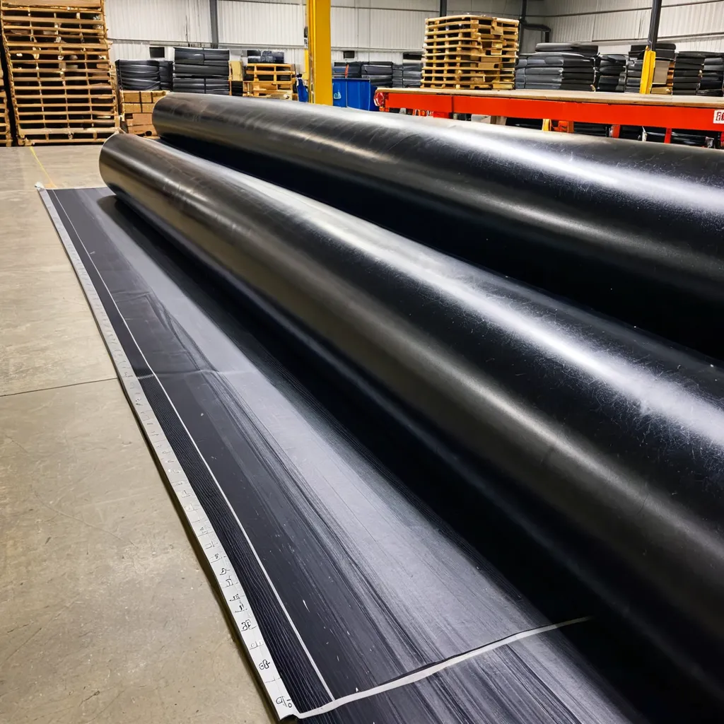 Rolos de lona plástica preta parcialmente desenrolados em armazém industrial com instrumento de medição de espessura