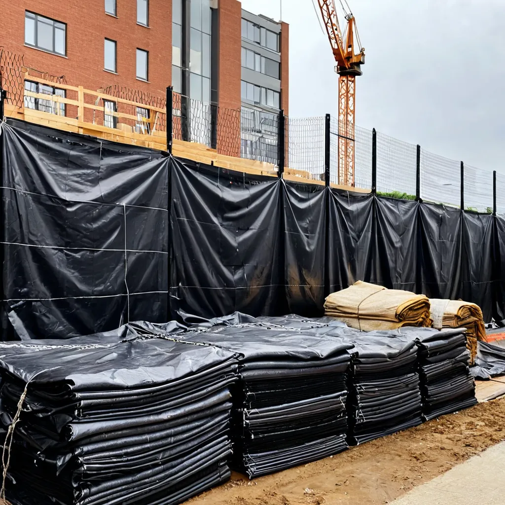 Tapume de lona plástica preta em canteiro de obras protegendo material de construção contra chuva