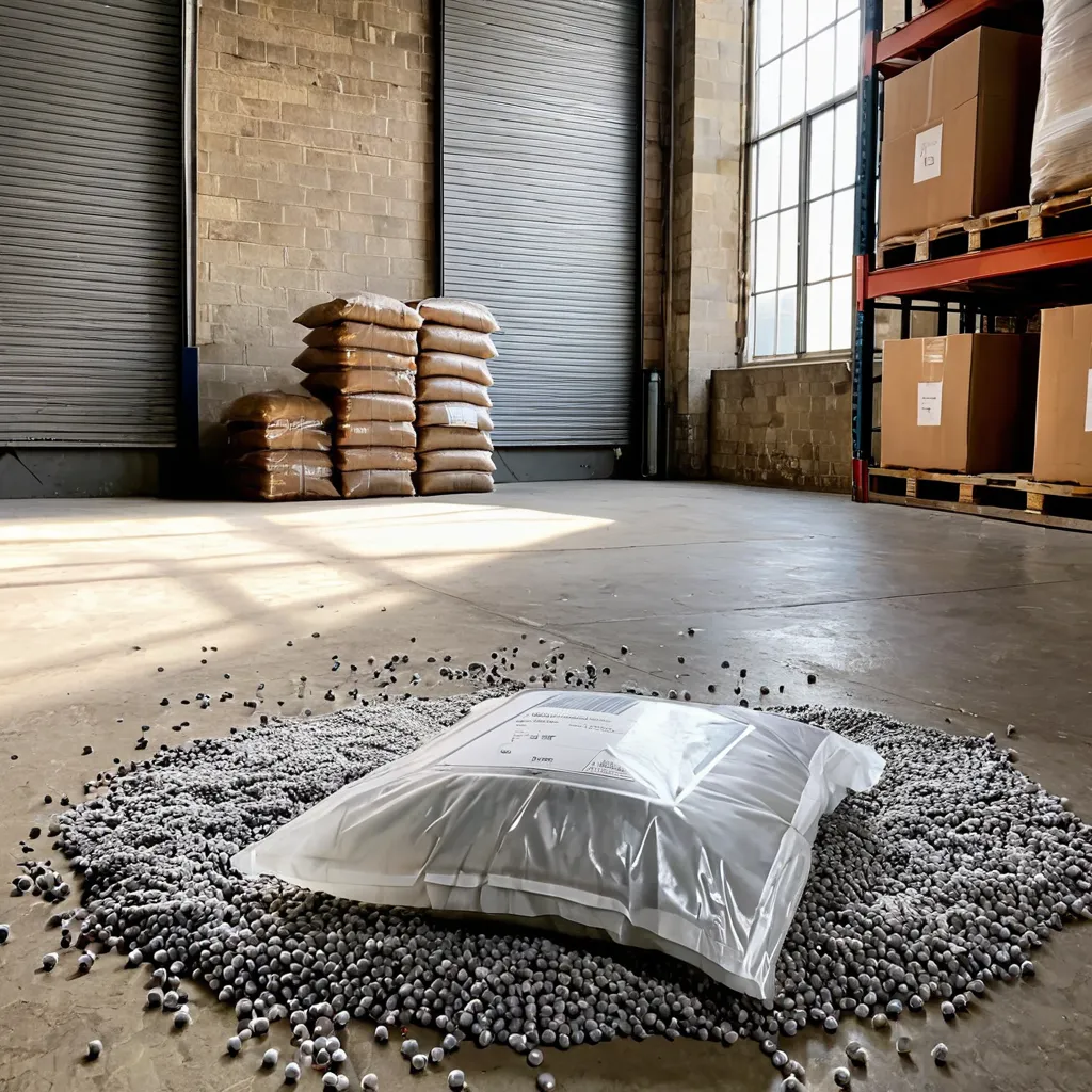Sacos e octabins de pellets de resina plástica em galpão com gráfico de preços apoiado ao lado