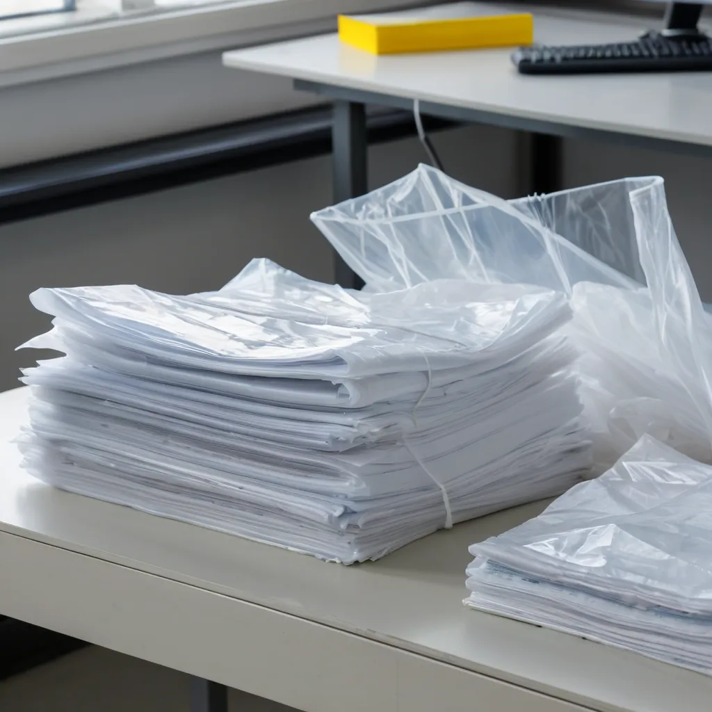 Pilha de sacos plásticos lisos e transparentes sobre bancada de trabalho de fábrica