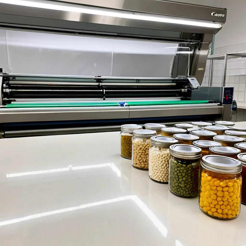 Bobinas de filme plástico transparente para alimento em máquina inox com vidraria de laboratório ao lado