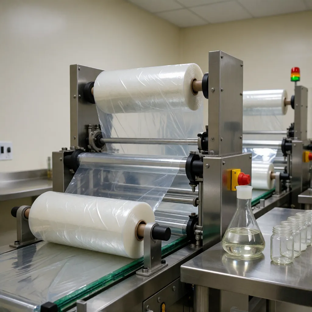 Bobinas de filme plástico transparente para alimento em máquina inox com vidraria de laboratório ao lado