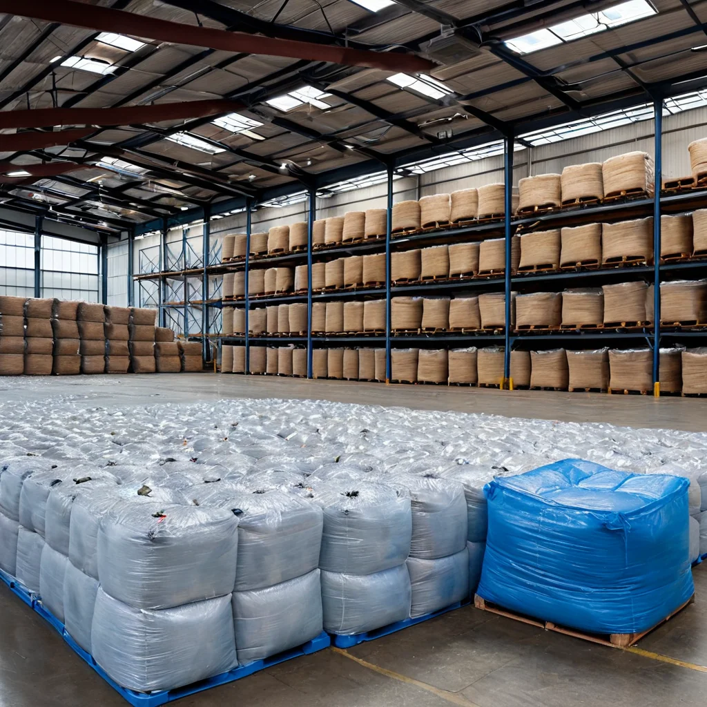 Fardos de plástico compactado empilhados em galpão de armazenamento para reciclagem, com um fardo azul em destaque