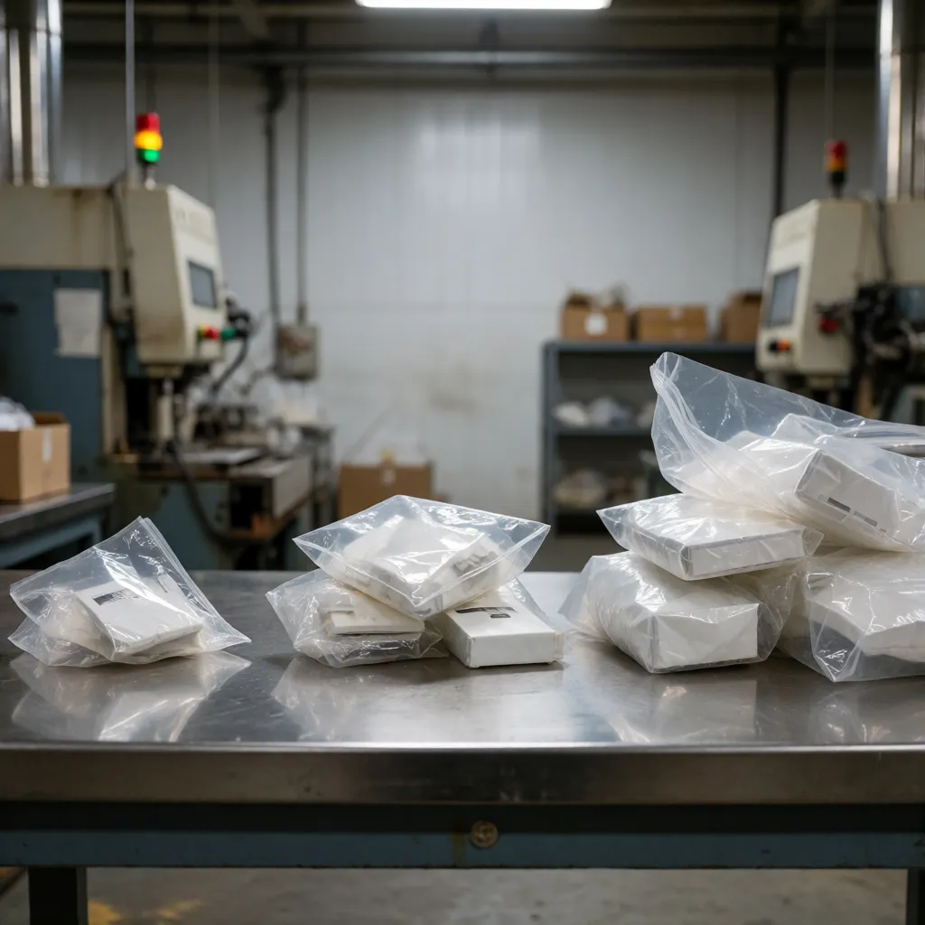Três sacos plásticos transparentes cheios, de tamanhos pequeno, médio e grande, sobre mesa de inspeção em galpão industrial