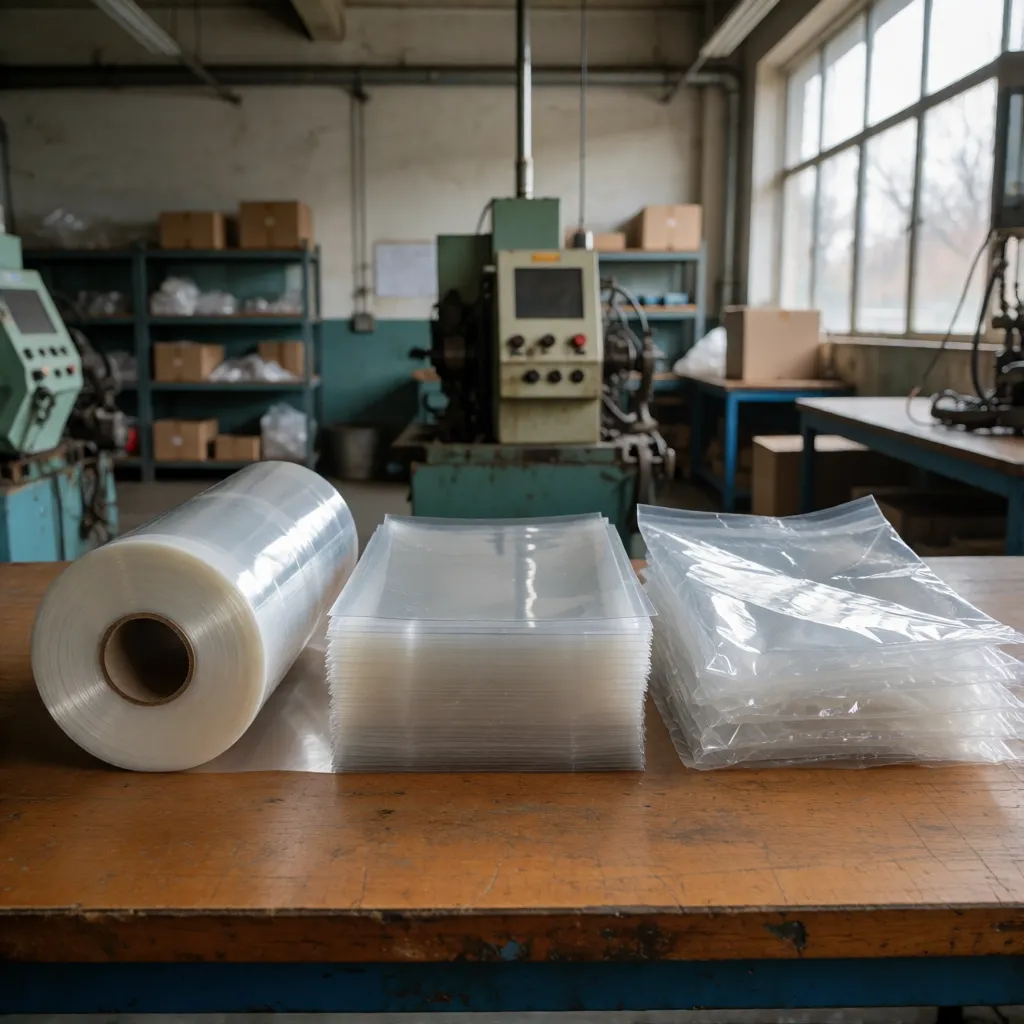 Bobina de filme, pilha de folhas e sacos plásticos lado a lado sobre mesa de madeira em galpão industrial