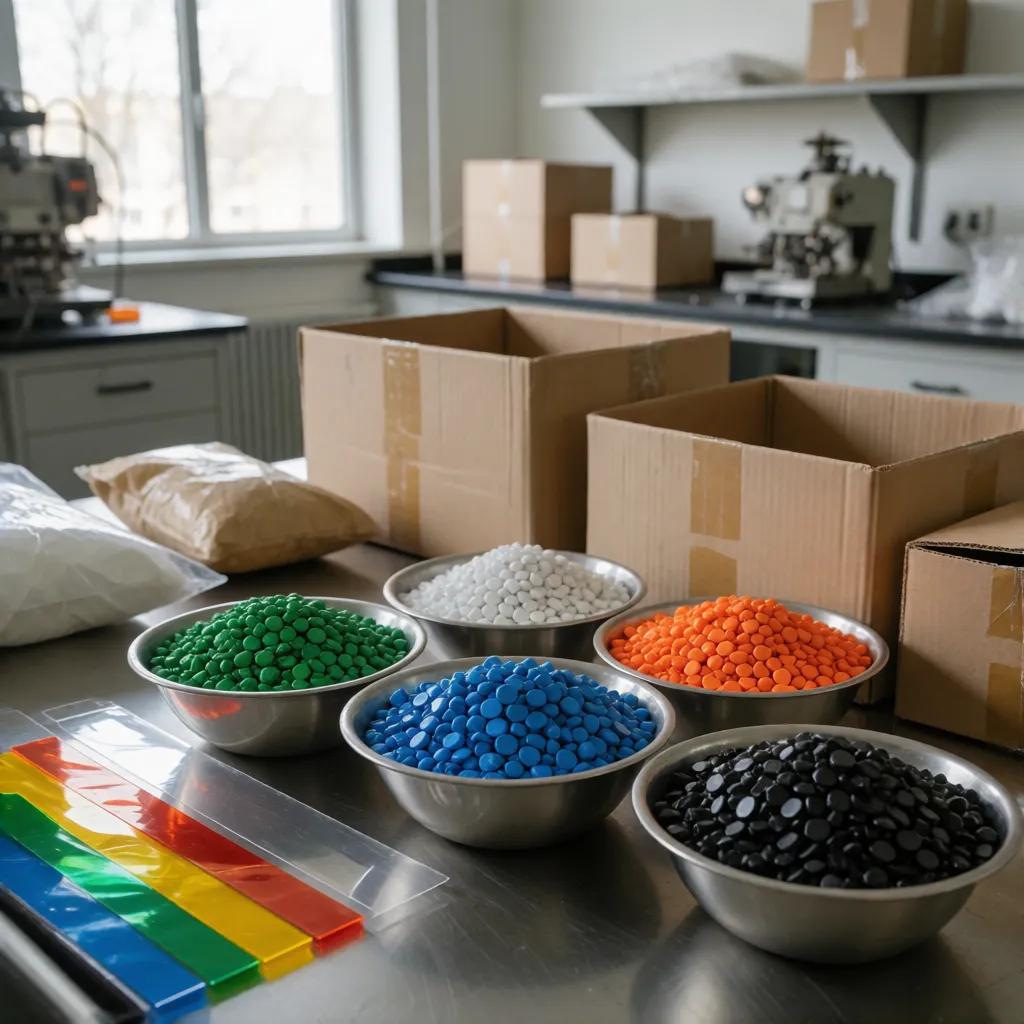 Tigelas com grânulos de masterbatch coloridos e amostras de filme plástico colorido sobre bancada de laboratório