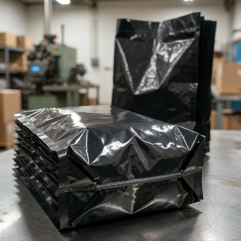 Sacos plásticos pretos cheios apoiados na base sobre uma bancada de aço em galpão industrial